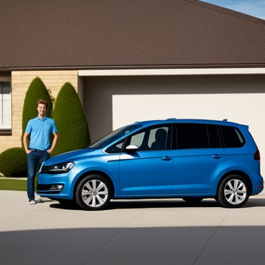 Go Blue Gopher standing beside a blue VW Touran car.