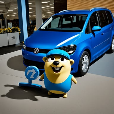 Go Blue Gopher standing beside a blue VW Touran car.