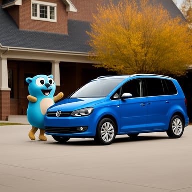 Go Blue Gopher standing beside a blue VW Touran car.