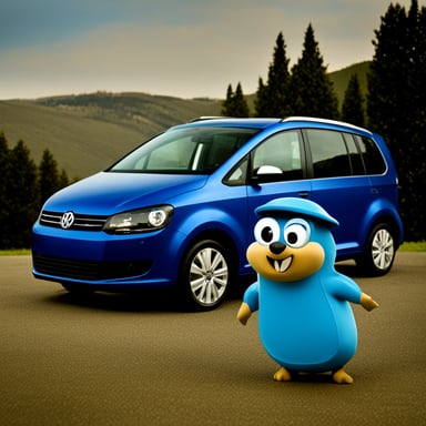 Go Blue Gopher standing beside a blue VW Touran car.