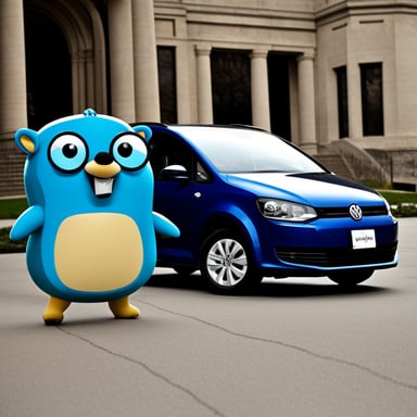 Go Blue Gopher standing beside a blue VW Touran car.