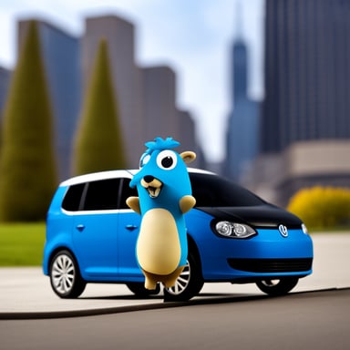 Go Blue Gopher standing beside a blue VW Touran car.