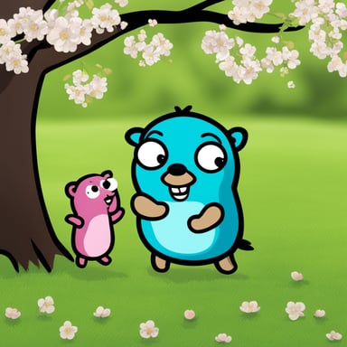 Go Blue Gopher meeting a female gopher under a flowering cherry tree.