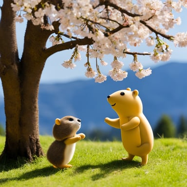 Go Blue Gopher meeting a female gopher under a flowering cherry tree.