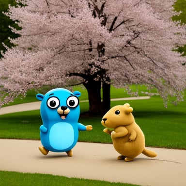 Go Blue Gopher meeting a female gopher under a flowering cherry tree.
