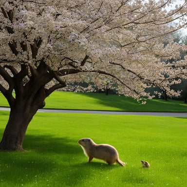 Go Blue Gopher meeting a female gopher under a flowering cherry tree.