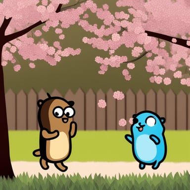 Go Blue Gopher meets a female Go Blue Gopher under a flowering cherry tree.