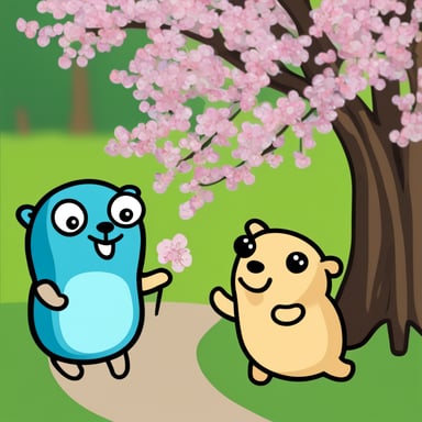 Go Blue Gopher meets a female Go Blue Gopher under a flowering cherry tree.