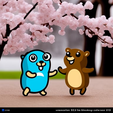 Go Blue Gopher meets a female Go Blue Gopher under a flowering cherry tree.