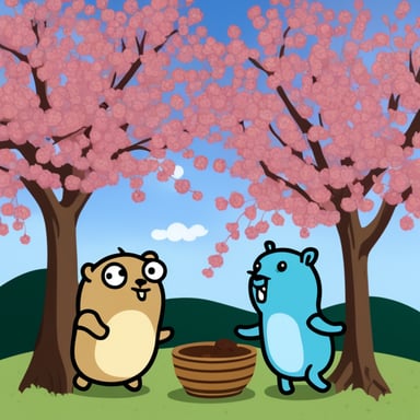 Go Blue Gopher meets a female Go Blue Gopher under a flowering cherry tree.
