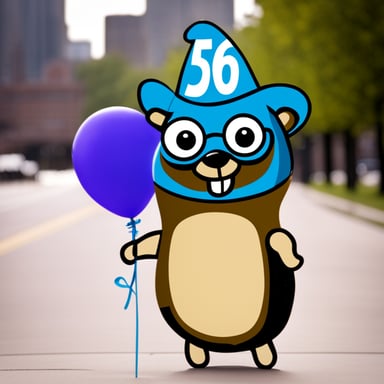 Go Blue Gopher holds a Happy 56th Birthday sign, celebrating cheerfully.