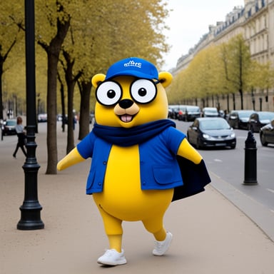 Go Blue Gopher in Paris with shorts and t-shirt.