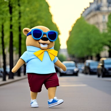 Go Blue Gopher in Paris with shorts and t-shirt.