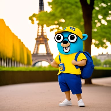 Go Blue Gopher in Paris with shorts and t-shirt.