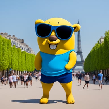 Go Blue Gopher in Paris with shorts and t-shirt.