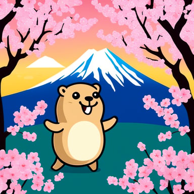 Happy Go Blue Gopher in front of Mount Fuji with blooming cherry trees.