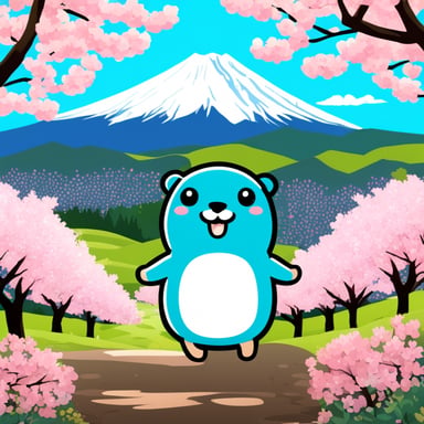 Happy Go Blue Gopher in front of Mount Fuji with blooming cherry trees.