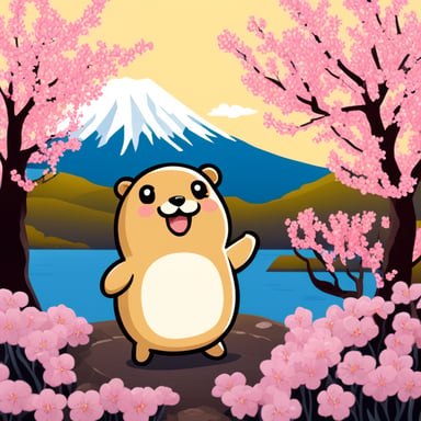 Happy Go Blue Gopher in front of Mount Fuji with blooming cherry trees.