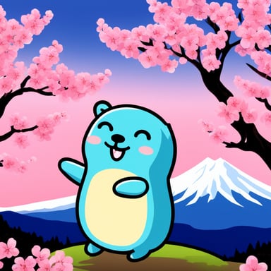 Happy Go Blue Gopher in front of Mount Fuji with blooming cherry trees.