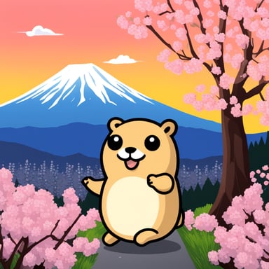 Happy Go Blue Gopher in front of Mount Fuji with blooming cherry trees.