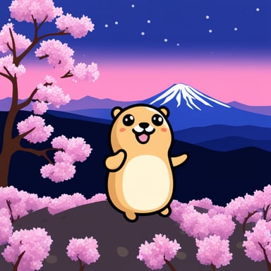 Happy Go Blue Gopher in front of Mount Fuji with blooming cherry trees.