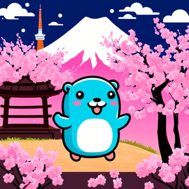 Happy Go Blue Gopher in front of Mount Fuji with blooming cherry trees.