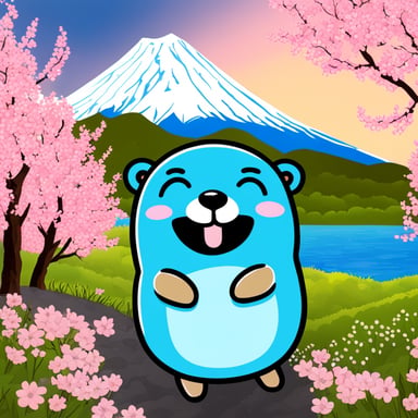 Happy Go Blue Gopher in front of Mount Fuji with blooming cherry trees.