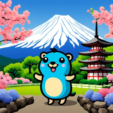 Happy Go Blue Gopher in front of Mount Fuji with a Japanese pagoda.