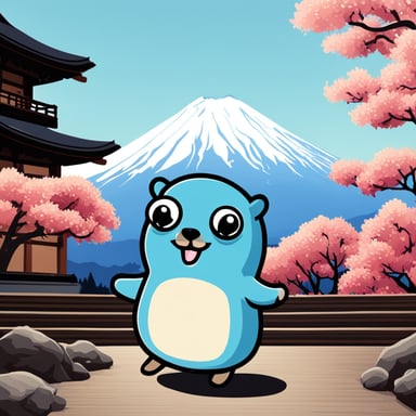 Happy Go Blue Gopher in front of Mount Fuji with a Japanese pagoda.