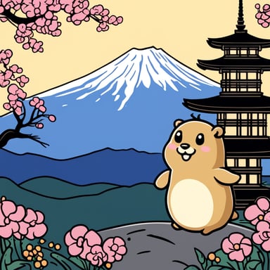 Happy Go Blue Gopher in front of Mount Fuji with a Japanese pagoda.