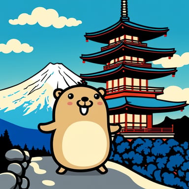 Happy Go Blue Gopher in front of Mount Fuji with a Japanese pagoda.