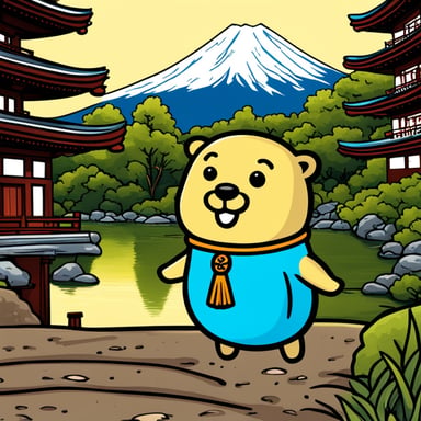 Happy Go Blue Gopher in front of Mount Fuji with a Japanese pagoda.