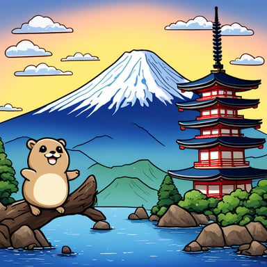 Happy Go Blue Gopher in front of Mount Fuji with a Japanese pagoda.