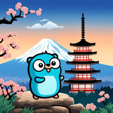 Happy Go Blue Gopher in front of Mount Fuji with a Japanese pagoda.