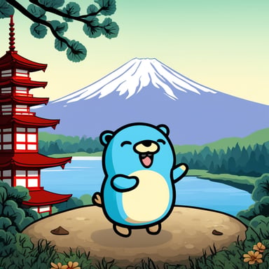 Happy Go Blue Gopher in front of Mount Fuji with a Japanese pagoda.