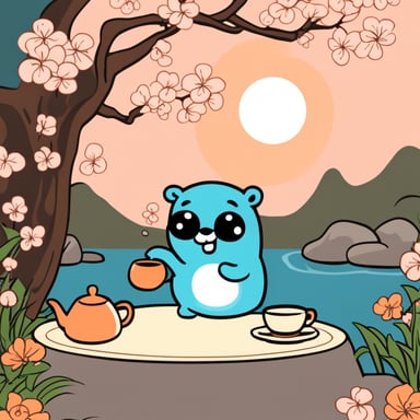 Go blue gopher drinks tea in a Japanese garden.