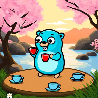 Go blue gopher drinks tea in a Japanese garden.