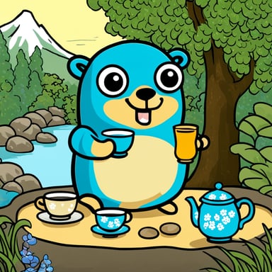 Go blue gopher drinks tea in a Japanese garden.
