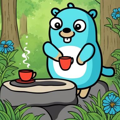 Go blue gopher drinks tea in a Japanese garden.