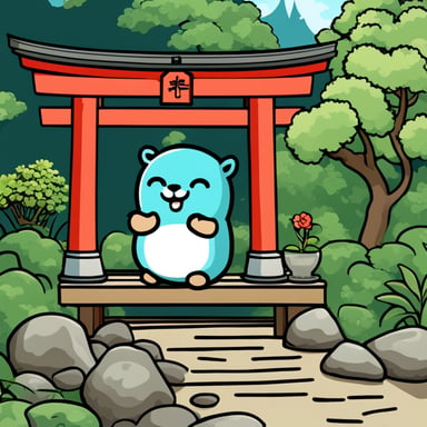 Go blue gopher drinks tea in a Japanese garden with a torii gate.