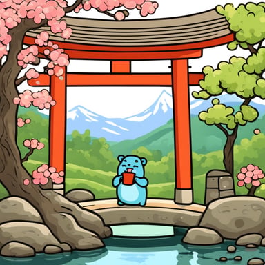 Go blue gopher drinks tea in a Japanese garden with a torii gate.