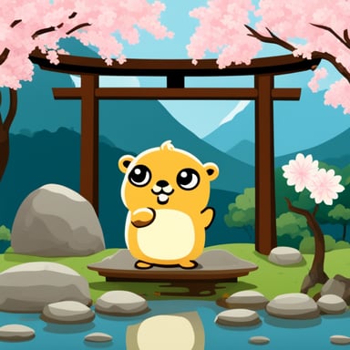 Go blue gopher drinks tea in a Japanese garden with a torii gate.