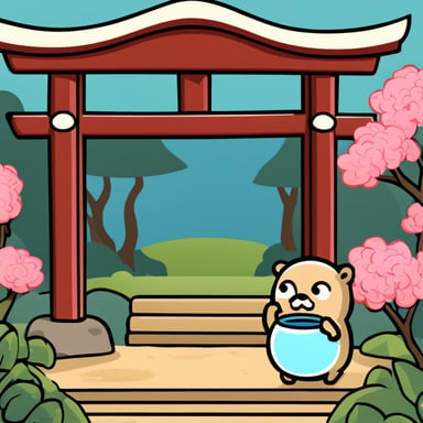 Go blue gopher drinks tea in a Japanese garden with a torii gate.