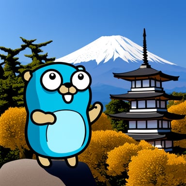 Go blue gopher stands in a Japanese garden with Mount Fuji in the background.