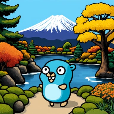 Go blue gopher stands in a Japanese garden with Mount Fuji in the background.