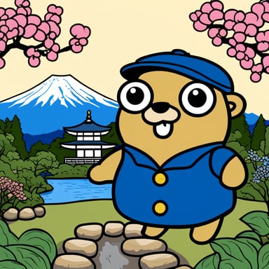 Go blue gopher stands in a Japanese garden with Mount Fuji in the background.