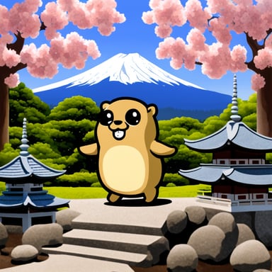 Go blue gopher stands in a Japanese garden with Mount Fuji in the background.