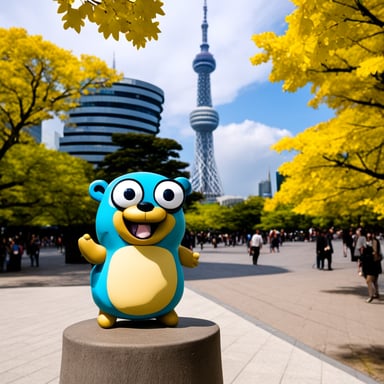 Go Blue Gopher is standing in front of the Tokyo Sky Tree.