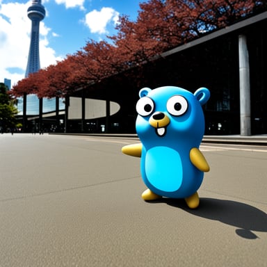 Go Blue Gopher is standing in front of the Tokyo Sky Tree.