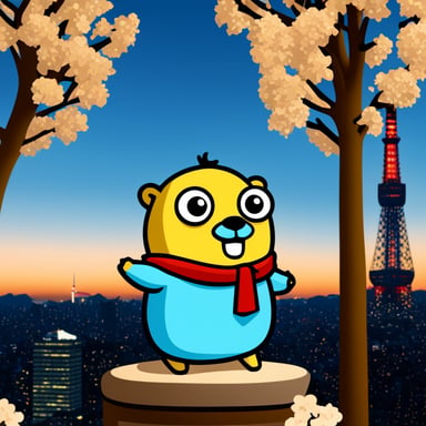 Go Blue Gopher is standing in front of the Tokyo Sky Tree.